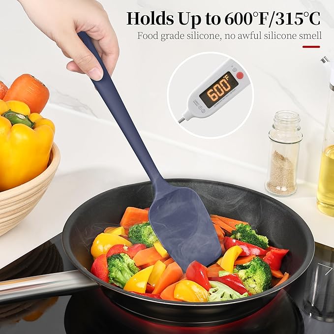 600ºF Heat Resistant Spatulas, High Heat Food Safe Semless Kitchen Silicone Scraper Set for Cooking Baking Mixing Scraping Stirring Nonstick Cookware Pan Bowl (2Pcs,Midniaht Blue)