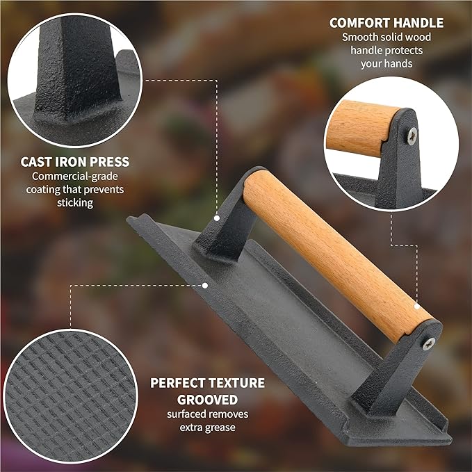Alpine Cuisine Grill Press Cast Iron - 8x4.5in - Pre Seasoned with Wood Handle, Heavy Duty Steak & Burger Press, Perfect Gadget for Bacon, Paninis, Sandwiches & Vegetables - Weighs 2.9-pounds