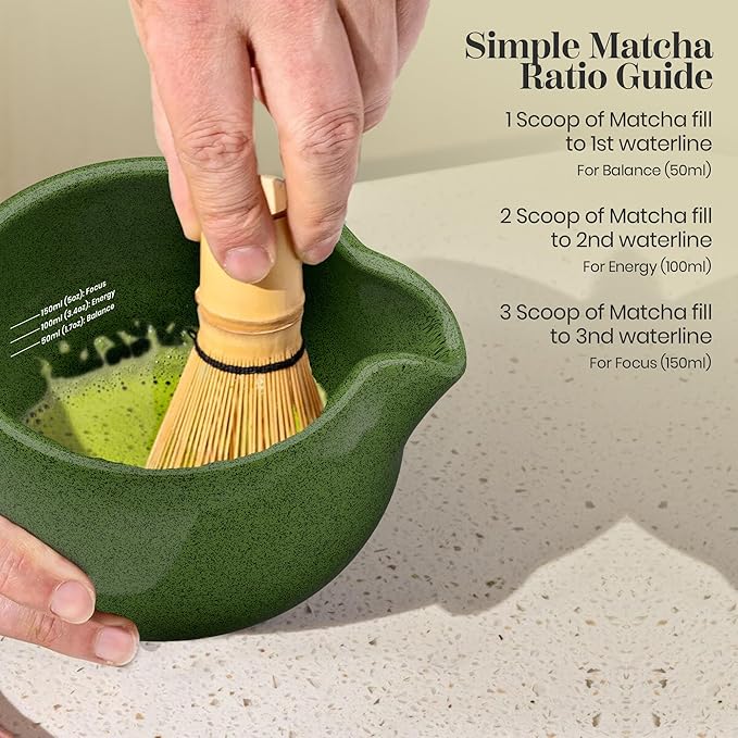 Matcha Whisk Set – Traditional Bamboo Chasen with Ceramic Bowl (Green), Measurement Lines, Spoon, Lid/Coaster - Green
