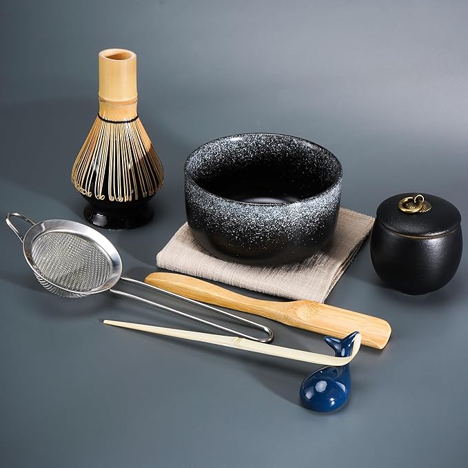 Matcha Tea Set 9 Pcs，Japanese Ceramic Bowl，Bamboo Matcha Whisk (Chasen), Scoop (Chashaku), Stainless Steel Sifter，Whisk Holder,Tea Powder Caddy (Black)
