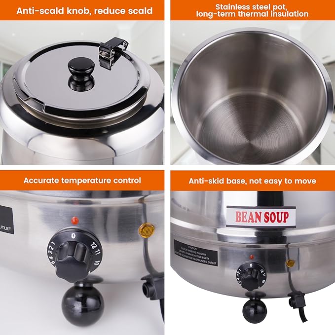 10.5Qt Soup Warmers Commercial Soup Kettle Warmer with Hinged Lid and Detachable Stainless Steel Pot, Food Warmer for Parties, Buffet - Silver