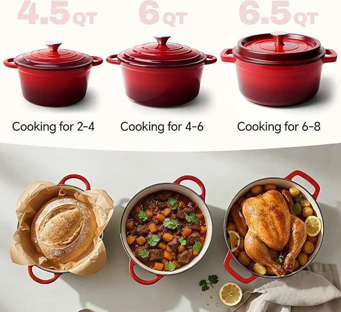 7 Quart Dutch Oven Pot with Lid, Non Stick Enameled Cast Iron Dutch Oven for Bread Baking, Heavy-Duty, Oven Safe Ceramic Cookware Up to 500°F for Baking, Braising, Stews, Roasting, Red