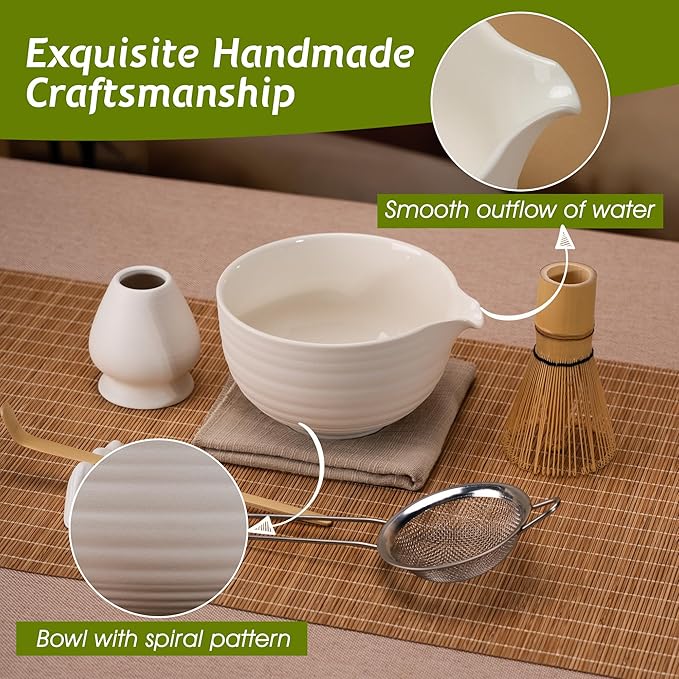 Matcha Tea Set 7 Pcs,Japanese Ceramic Bowl,Bamboo Matcha Whisk (Chasen), Scoop (Chashaku),Stainless Steel Sifter,Whisk Holder (white),Tea Towel