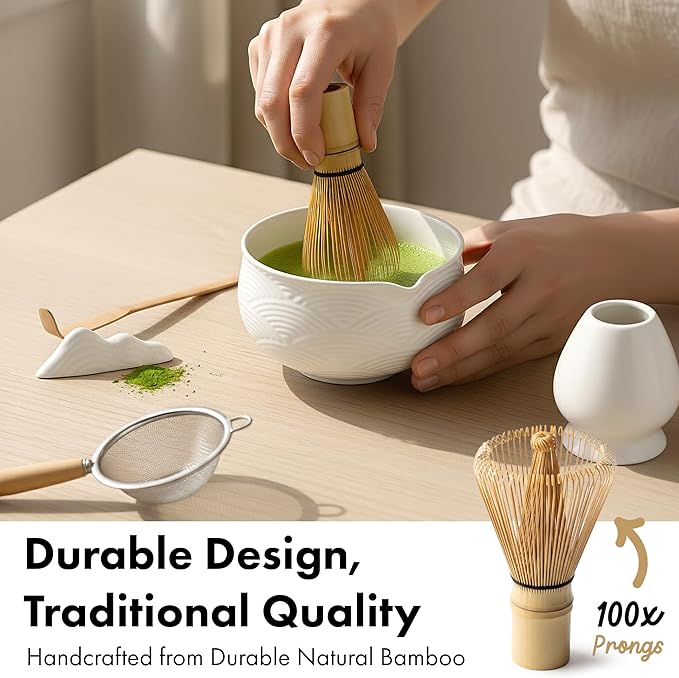Matcha Kit Whisk Set (7 Pcs) - Complete Matcha Set, Matcha Bowl with with Bowl, Whisk and Holder, Bamboo Spoon/Scoop, Scoop Rester and Sifter incl. Booklet