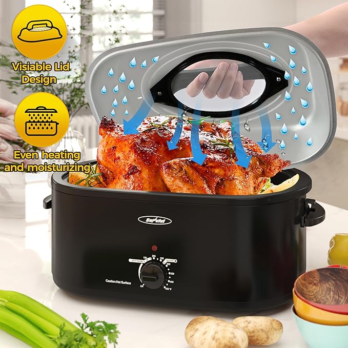 Roaster Oven, Electric Roaster Oven with Viewing Lid, Large Roaster with Removable Pan & Rack, Turkey Roaster with Unique Defrost/Warm Function, Stainless Steel, Black, 24QT
