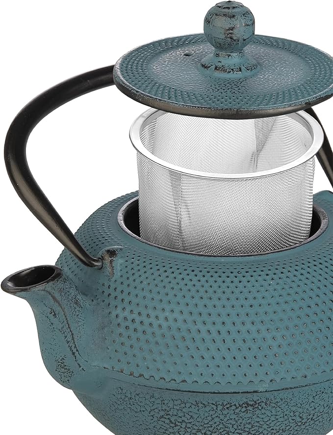 IBILI 40 Oz Azul Cast Iron Teapot | Made in Spain | Floral Design, Stainless Steel Infuser, Enameled Interior, Stovetop & Induction Compatible, Japanese Kettle for Loose Leaf Tea, Tetsubin Design Blue