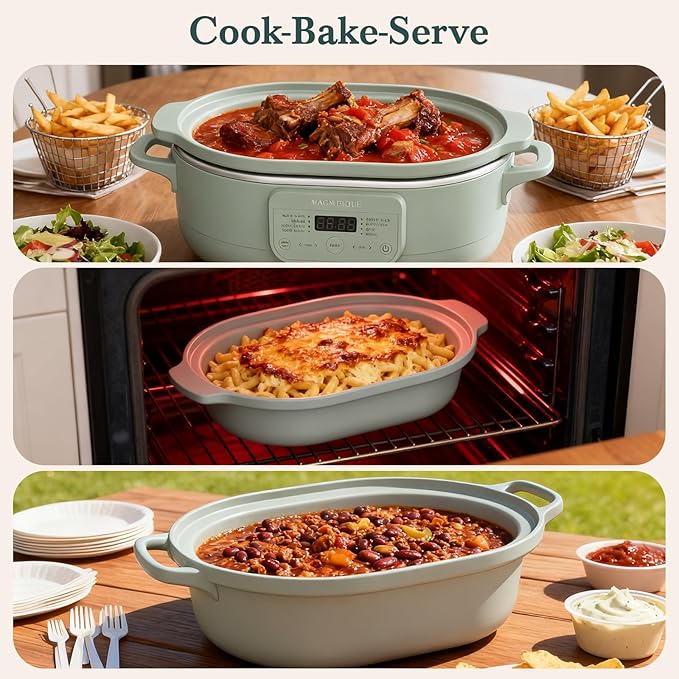 MAGNIFIQUE 4 Quart Claypot Multi-Cooker, with 8-in-1 Casserole Programmable Slow Cooker, Dutch Oven, Pasta, Nonstick Oven Safe Pot to 450°F, Olive