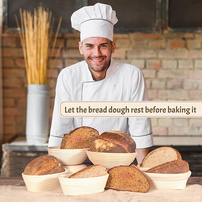 Sourdough Bread Baking Supplies Starter Kit, Banneton Proofing Basket Set: Round 9" & Oval 10", Gift Set
