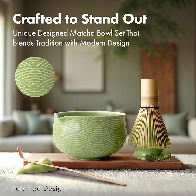 Matcha Kit Whisk Set (7 Pcs) - Complete Matcha Set, Matcha Bowl with Spout, Whisk with Holder, Bamboo Scoop with Rest and Sifter, Perfect Kit for Matcha Lovers (Green Mist)