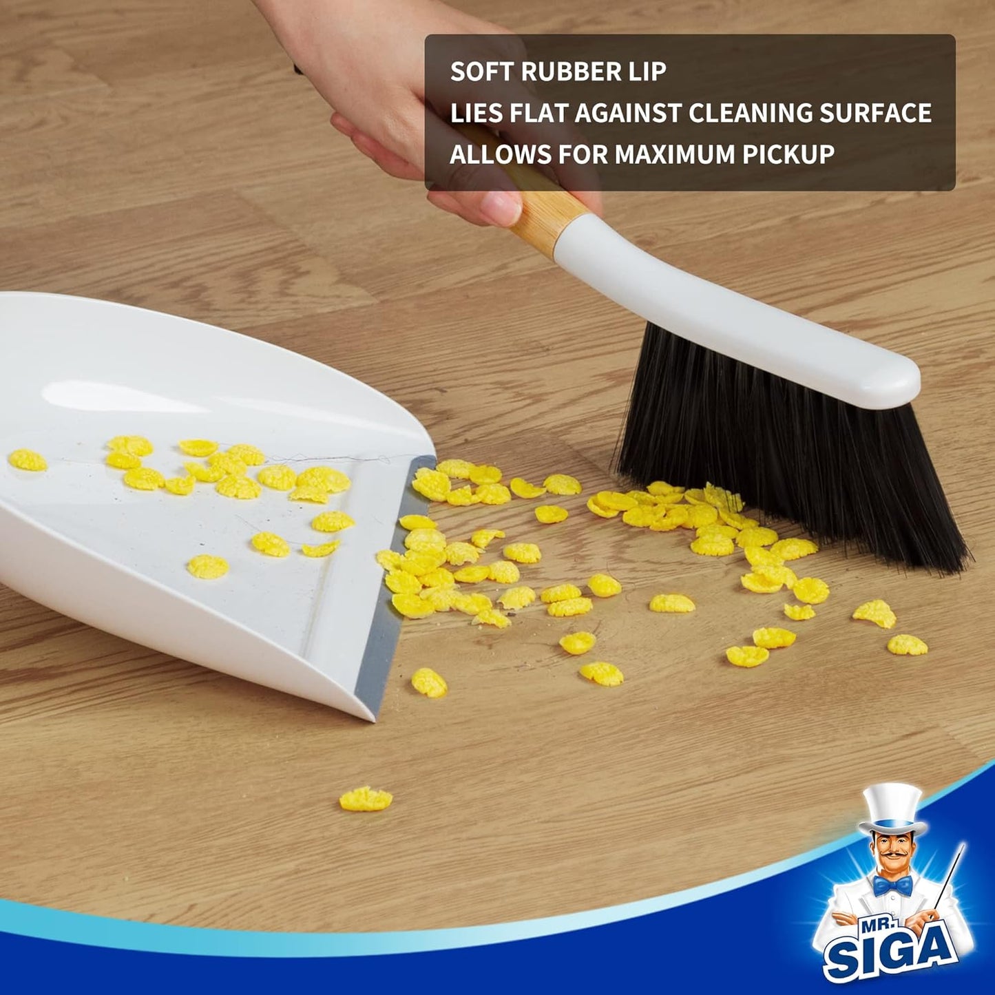 MR.SIGA Dustpan and Brush Set, Portable Cleaning Brush and Dustpan Combo with Bamboo Handle, White, 1 Set