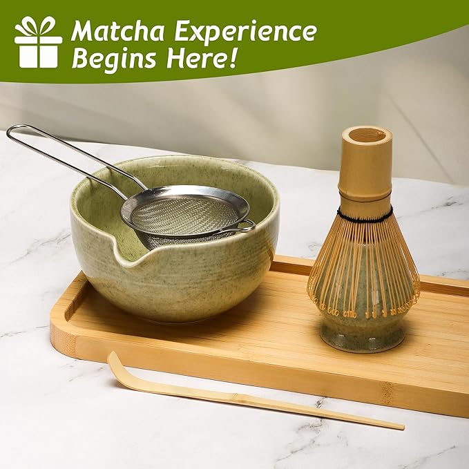 Matcha Tea Set 5 Pcs, Japanese Traditional Ceramic Bowl, Bamboo Whisk (Chasen), Scoop (Chashaku), Whisk Holder,Stainless Steel Sifter