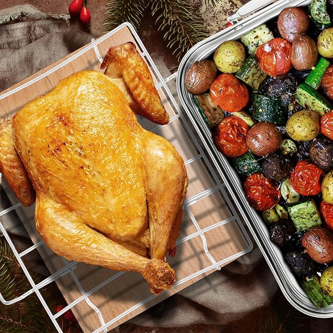 16.5inch Roasting Pan with V-Shape Rack - Stainless Steel Large Turkey Roaster Pan for Turkey, Chicken, Ham Roaster with V-Shaped Baking Rack Heavy Duty Dishwasher Safe, Hold up to 22LB