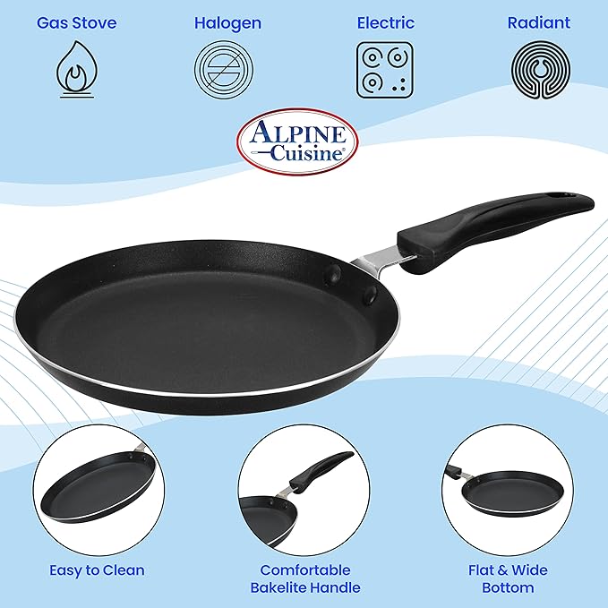 Alpine Cuisine Griddle Pan Aluminum 9-Inch Nonstick Coating, Griddle Pan for Stove Top with Stay Cool Handle, PFOA Free, nonstick cookware - Dishwasher Safe - Gray