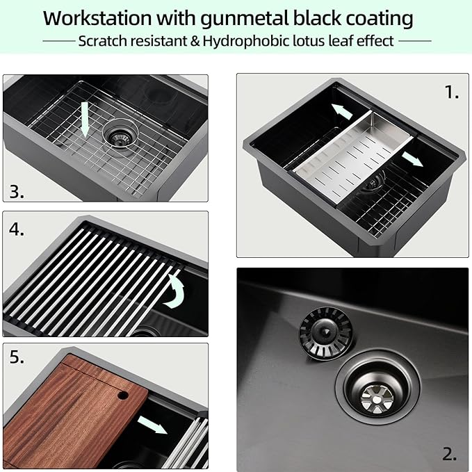 Undermount Kitchen Sink, 24 x 19 Inch Sink Kitchen 16 Gauge Stainless Steel Kitchen Sinks Gunmetal Black Single Bowl Workstation Sink with Cutting Board
