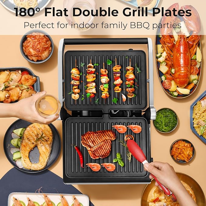 Giantex Panini Press Sandwich Maker, 3-in-1 Electric Indoor Grill, 2 Removable & Dishwasher Safe Non-Stick Plates, Drip Tray, 5 Auto Modes, Upper & Lower Independent Temperature Control, 4 H Timer