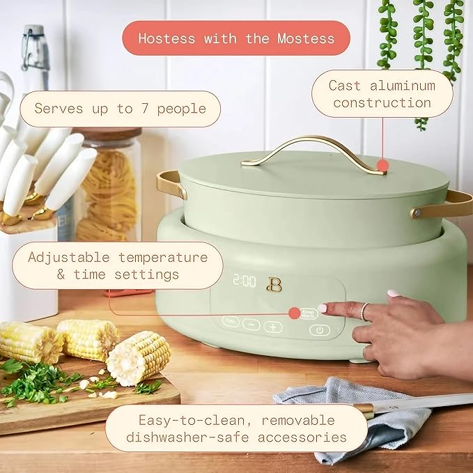 Beautiful 10-in-1 6Qt Electric Multi-Cooker by Drew Barrymore – Slow and Rice Cooker, Steamer, Dutch Oven, Sauté & More – Touch Display, Oven Safe, Dishwasher Safe (Sage Green)