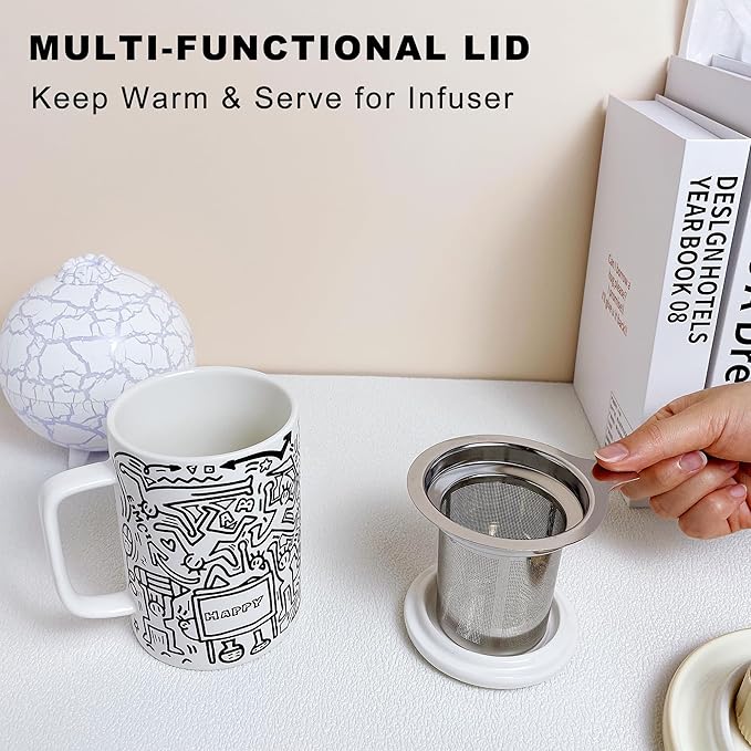 Doodle Style Tea Cup with Infuser and Lid, 14oz Tea Infuser Cup Loose Leaf Tea Mug with Strainer, Porcelain Tea Infuser Mug, Steeping Tea Cups for Microwave and Dishwasher Safe, Happy White