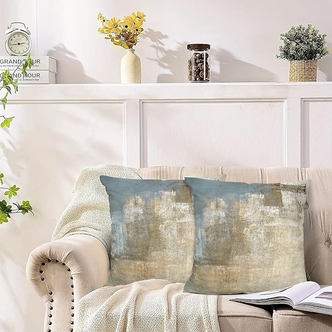 Grey and Beige Abstract Art Contemporary Pillow Cover, Modern Neutral Decorative Throw Pillows Cushion Cover for Bedroom Sofa Living Room 22 x 22 Inch Set of 2