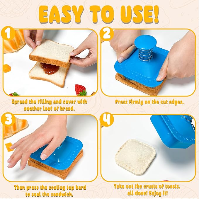 Sandwich Cutter and Sealer Square Cut and Seal Sandwich Maker, Crustless Peanut Butter & Jelly Sandwich Cookie Cutter-Blue Square