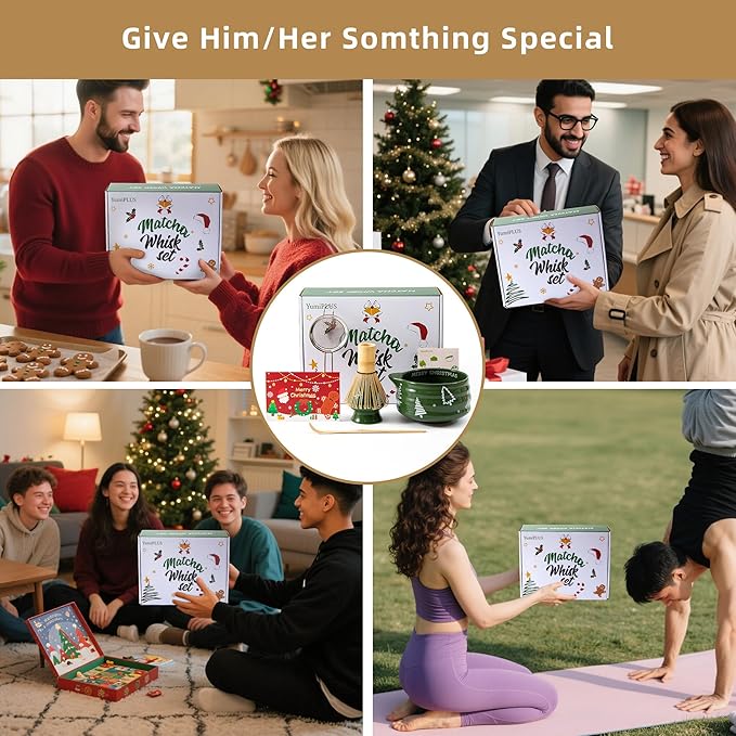 5pcs Premium Matcha Set,Ceramic Bowl with Spout and Bamboo Whisk set, Ceremonical Matcha Kit for breakfast/latte,Tea Starter Making Kit,Unique Matcha Gift set (Christmas Tree)