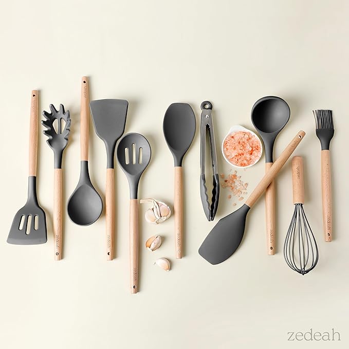 11-Piece Silicone Kitchen Utensil Set with Spatulas, Tongs, Whisk, Turner & Ladle – Heat Resistant, Non-Scratch Cooking Tools with Wooden Handles, Dishwasher Safe, BPA-Free (Black)