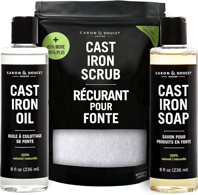 CARON & DOUCET – New Ultimate Cast Iron Set: Seasoning Oil, Cleaning Soap & Restoring Scrub | 100% Plant-Based & Best for Cleaning Care, Washing, Restoring & Seasoning Skillets, Pans & Grills!