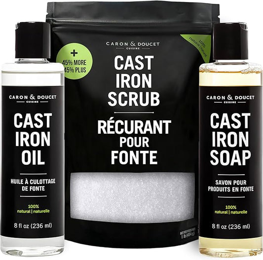 CARON & DOUCET – New Ultimate Cast Iron Set: Seasoning Oil, Cleaning Soap & Restoring Scrub | 100% Plant-Based & Best for Cleaning Care, Washing, Restoring & Seasoning Skillets, Pans & Grills!