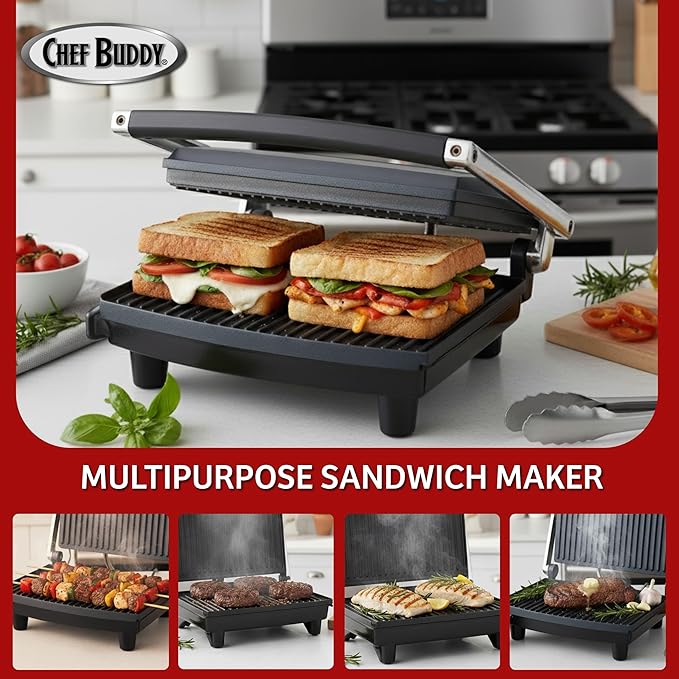 Panini Press Gourmet Grilled Cheese and Sandwich Maker - Electric Indoor Grill with Drip Tray for Healthy Cooking Options by Chef Buddy (Silver)