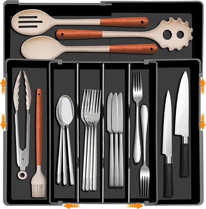 Homecor Silverware Organizer - Expandable Kitchen Drawer Organizer, 3" High Utensil Holder, BPA Free Flatware and Cutlery Tray for Spoons Forks Knives, Plastic Kitchen Organizer and Storage, Black