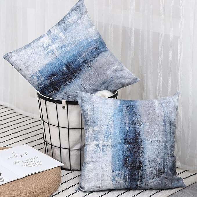Blue and Grey Throw Pillow Cover Pack of 2, Abstract Art Gallery Modern Decorative Cushion Cover for Bedroom Sofa Living Room(16 x 16 Inch,Blue and Grey)