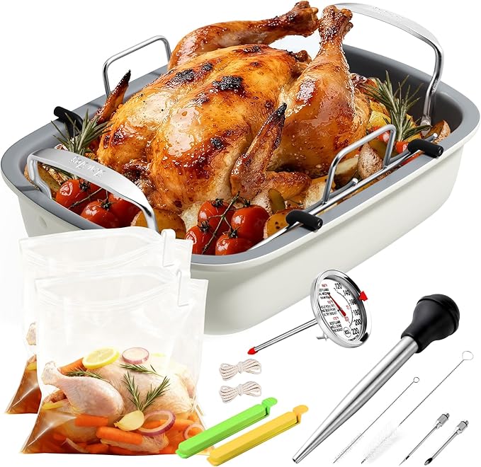 Turkey Roasting Pan, 17x13 Inch Nonstick Roaster Pan with Removable Rack, Turkey Baster, Meat Thermometer, Turkey Brine Bags, Ideal for Roasting Turkey, Meats & Vegetables (Cream&Silver)