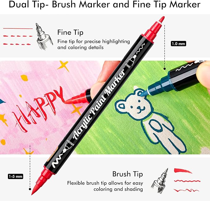 Shuttle Art 48 Colors Dual Tip Acrylic Paint Markers, Brush Tip and Fine Tip Acrylic Paint Pens for Rock Painting, Ceramic, Wood, Canvas, Plastic, Glass, Stone, Calligraphy, Card Making, DIY Crafts