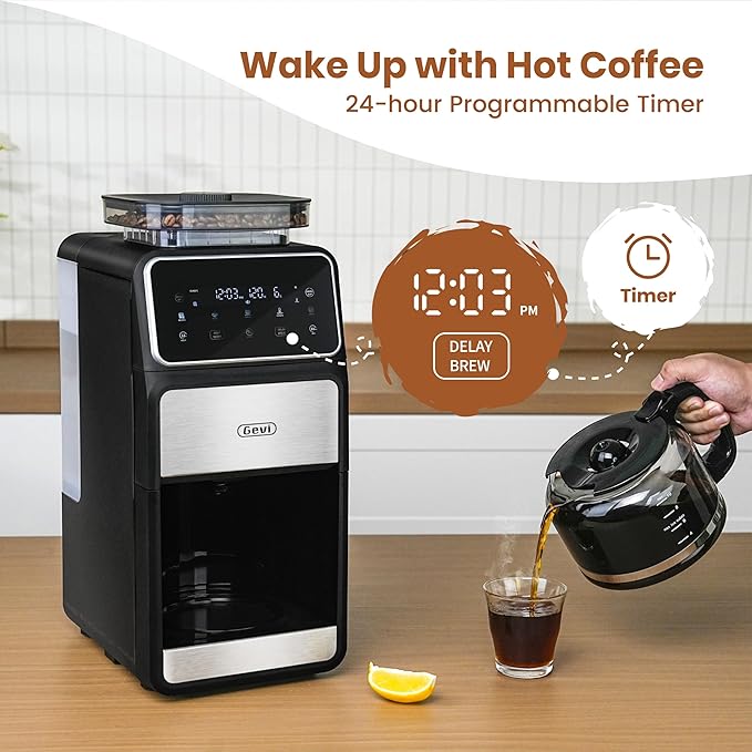 Gevi 10-Cup Grind & Brew Coffee Maker with Built-in Burr Grinder – Programmable Touch Screen, 4-Hour Keep Warm, Permanent Filter, Drip Coffee Machine for Home & Office