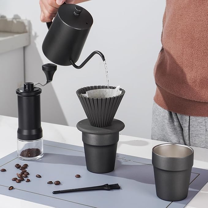 Travel Pour Over Cofiee Kit, Hand Drip Coffee Maker Set, All in One Camping Coffee Maker Kit, Pour Over Coffee Set, Ideal for Anniversary Birthday Gift