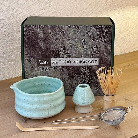 Sisher Matcha Whisk set,Matcha Bowl with Spout，Cute Matcha Set(5pcs) Matcha Bowl, Bamboo Whisk, Matcha Scoop, Matcha Whisk Holder (Chasen Holder), Stainless Steel Sifter, Matcha Making Kit(Green)