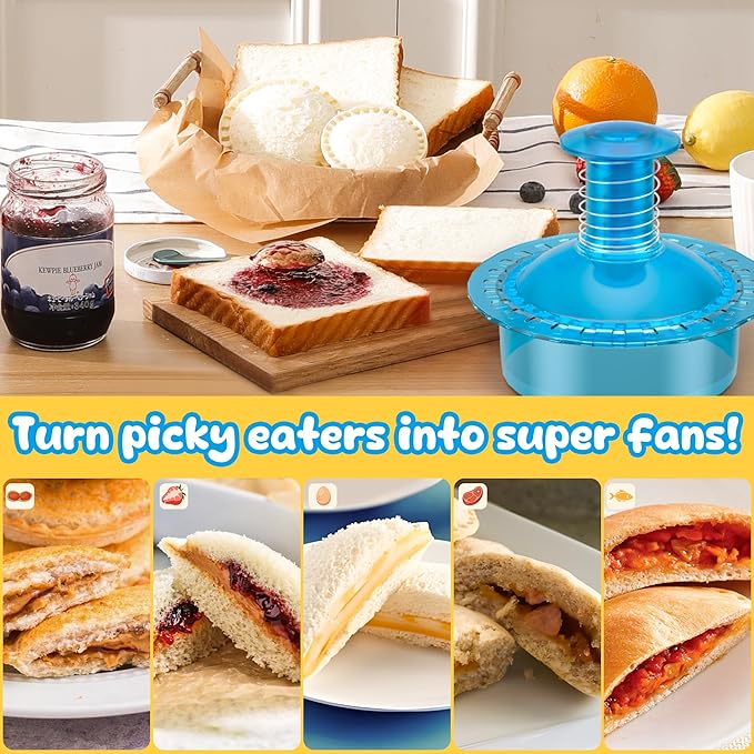 Sandwich Cutter and Sealer Cut and Seal Sandwich Maker, Crustless Peanut Butter & Jelly Sandwich Cookie Cutter (Translucent Blue Round)
