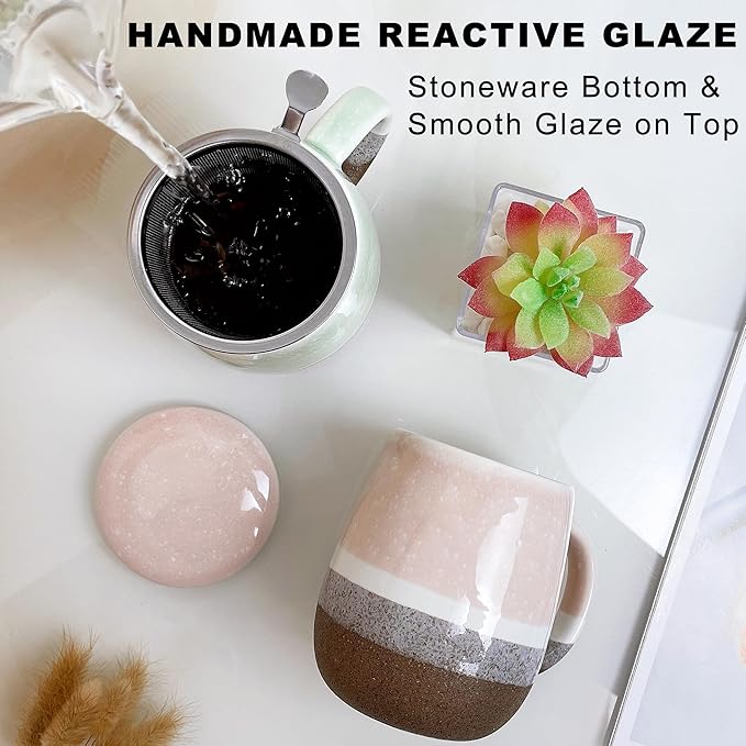 13.5 OZ Reactive Glaze Tea Mugs with Infuser and Lid, Loose Leaf Tea Infuser Cup, Ceramic Steeping Teacup with Filter for Single, Microwave & Dishwasher Safe, Pink