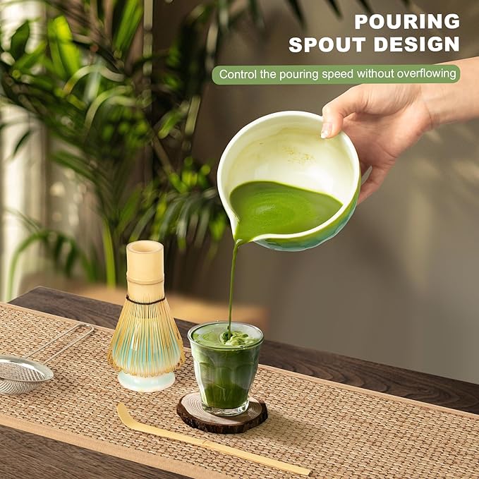 Matcha Set,5 Pcs Matcha Whisk Set Includes Bowl with Spout, Whisk,Holder,Bamboo Scoop and Sifter- Matcha Kit for Making Breakfast/Latte,Gift for Lovers（Gradient）