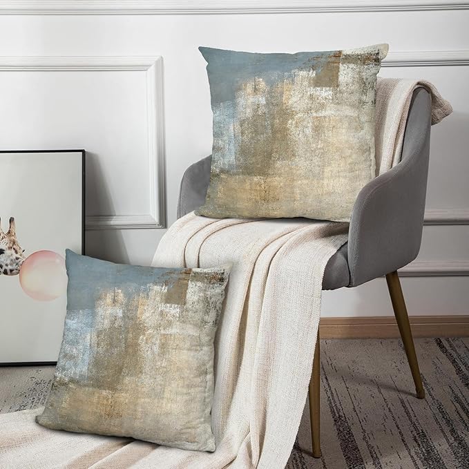 Grey and Beige Abstract Art Contemporary Pillow Cover, Modern Neutral Decorative Throw Pillows Cushion Cover for Bedroom Sofa Living Room 18 x 18 Inch Set of 2