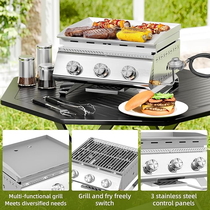 3-Burner Stainless Steel 2-in-1 Tabletop Grill and Griddle Combo, 24,000 BTU Portable Flat Top Propane Gas Grill for Commercial BBQ, Outdoor Cooking, Camping, Tailgates & Backyard