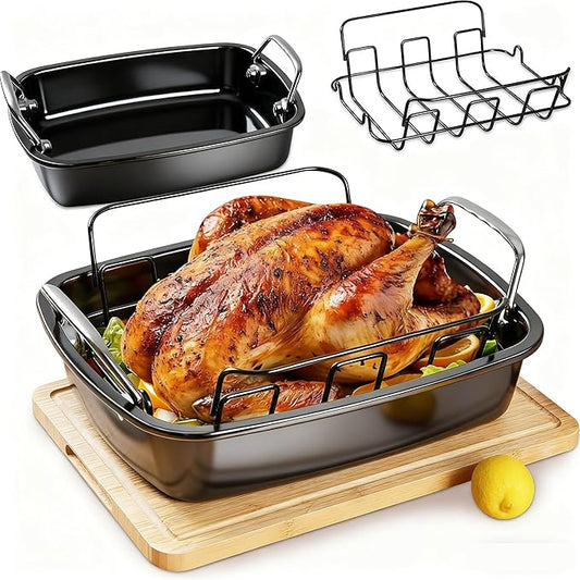 Large Nonstick Roasting Pan with Rack, Turkey Roasting Pan with Wider Handles, Heavy Duty Construction Roaster - 17.2 Inch x 13.5 Inch for Oven