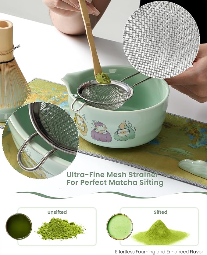 Matcha Whisk Set 7 Pcs Ceramic Matcha Set Includes 15oz Bowl with Spout,Bamboo Whisk & Holder, Scoop, Scoop Rest Sifter & Tea Towel, Complete Matcha Tea Set for Beginners-Green