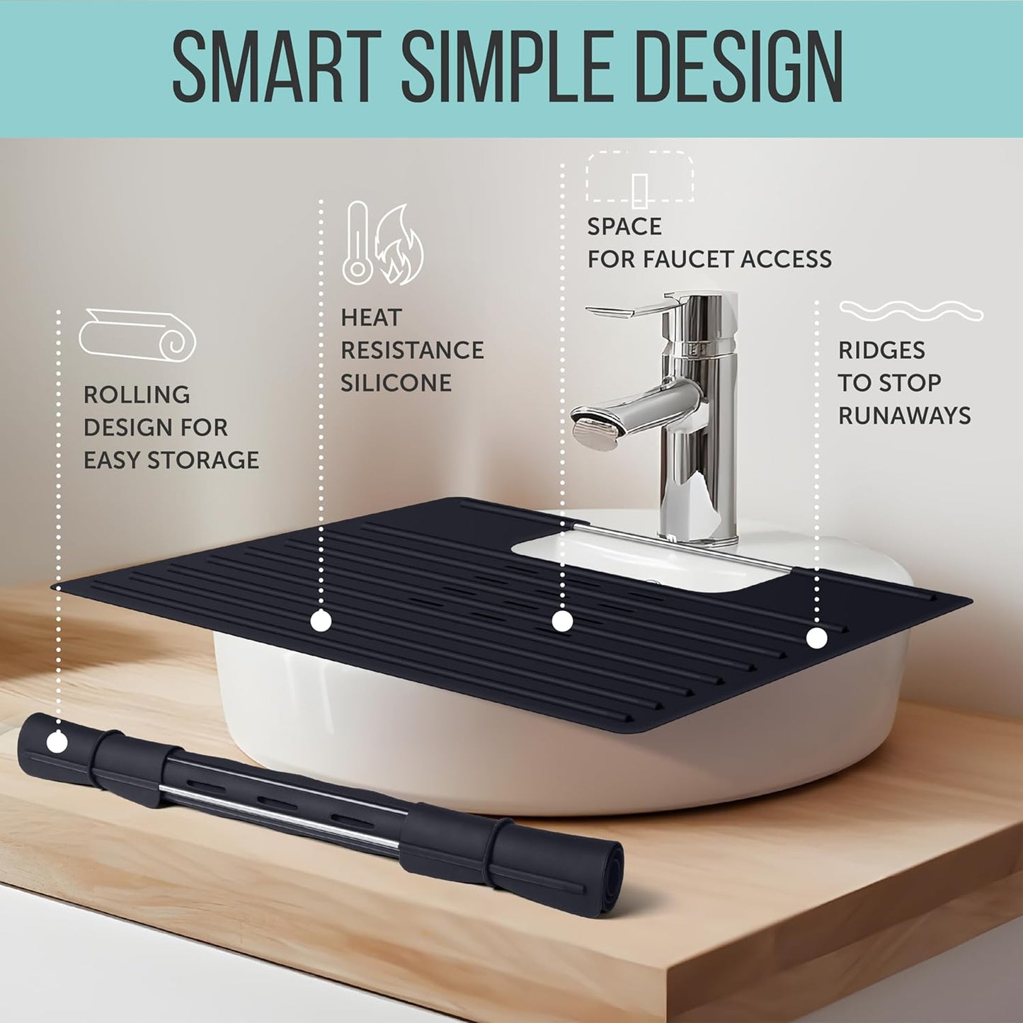 Maplefield Bathroom Sink Cover for Counter Space, Heat Resistant Silicone Sink Mat for Your Beauty Routine, Small Bathroom Space Saver Sink Cover for Makeup (Black Large, 22 x 2 x 2 Inches)