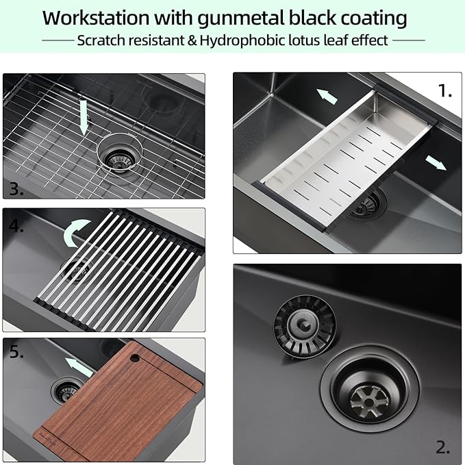 Undermount Kitchen Sink, 33 x 19 x 10 Inch Sink Kitchen 16 Gauge Stainless Steel Kitchen Sinks Gunmetal Black Single Bowl Workstation Sink with Cutting Board