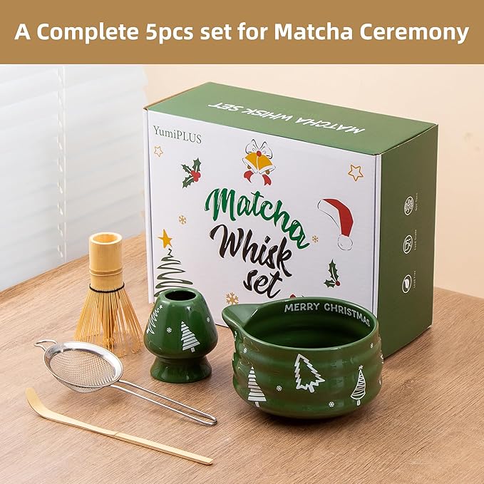 5pcs Premium Matcha Set,Ceramic Bowl with Spout and Bamboo Whisk set, Ceremonical Matcha Kit for breakfast/latte,Tea Starter Making Kit,Unique Matcha Gift set (Christmas Tree)