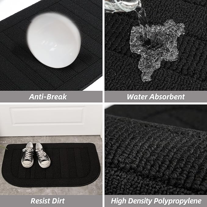 BEQHAUSE 30x18 Inch Kitchen Rug Mat Durable Kitchen Rugs Non-Slip Washable Absorbent Kitchen Mats for Floor Dirt-Resistant Semicircular Kitchen Mat (Black, 2PCS)