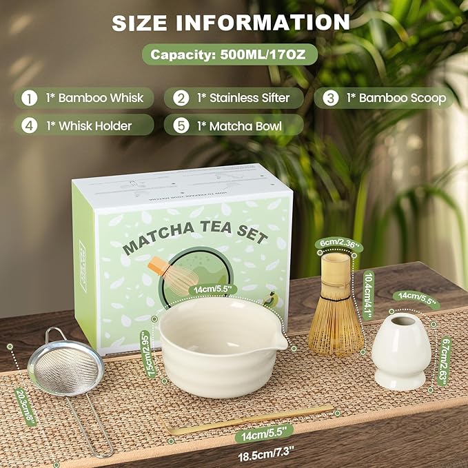 Matcha Set,5 Pcs Matcha Whisk Set Includes Bowl with Spout, Whisk,Holder,Bamboo Scoop and Sifter- Matcha Kit for Making Breakfast/Latte,Gift for Lovers（White）