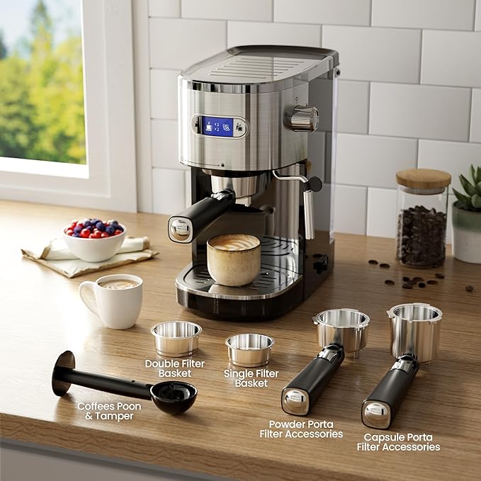 Kismile 20-Bar Espresso Machines,Semi-Automatic Espresso Machines with Milk Frother Steam Wand and Capsule Compatible,Professional Makers with Removable Water Tank for Latte &Cappuccino(BLACK)