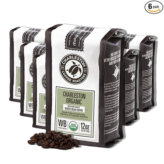 Charleston Coffee Roasters | Specialty Organic Whole Bean Coffee | Hand Picked, Premium Slow Roast | (Charleston Organic, Medium Roast) 12oz, 6 Pack