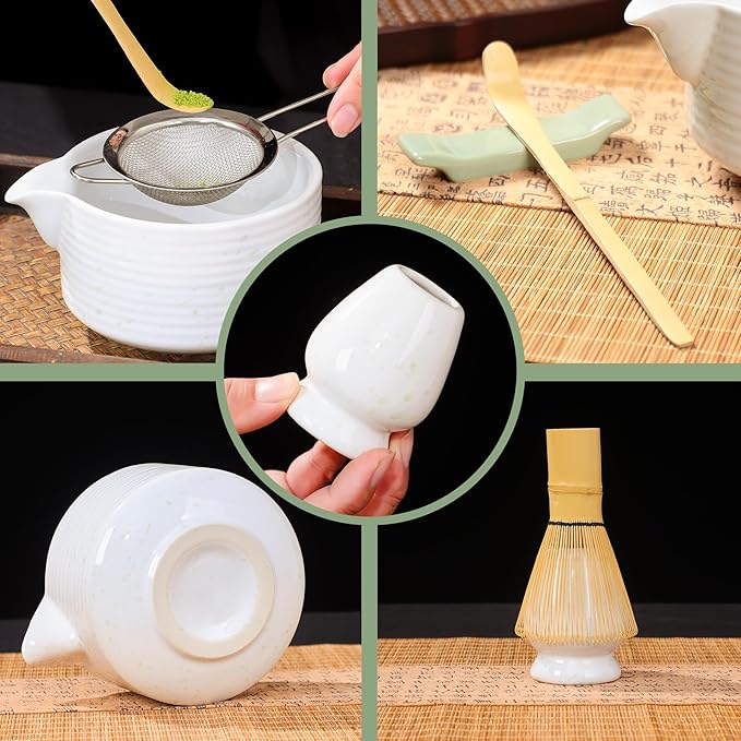 7pc Japanese Tea Set Includes Ceramic Bowl, White Matcha Whisk Set with Green Dot, Matcha Whisk and Holder, Stainless Sifter & Bamboo Scoop, Towel, Matcha Starter Kit for matcha Lovers